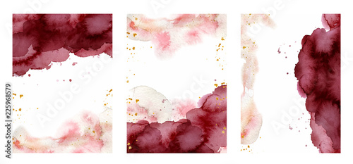 Watercolor abstract background, hand drawn watercolour burgundy and gold texture