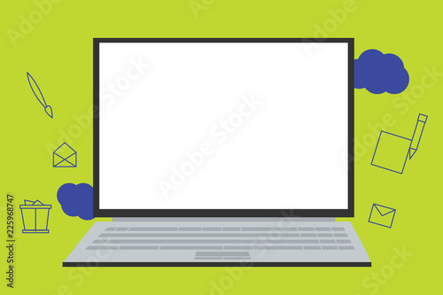 Flat design business Vector Illustration Empty template Layout for invitation greeting card promotion poster voucher. Open Laptop with Blank Screen and Writing icons Floating on Cloudy Backdrop