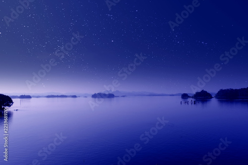 Starry night landscape near the lake,Night with stars over lake,