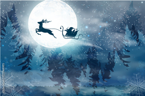 Winter blue sky with falling snow, snowflakes with a winter landscape with a full moon.