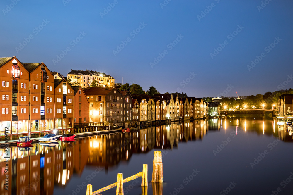 Colorful houses and  the Nidelva River at 2 am, Trondheim, Norway.
