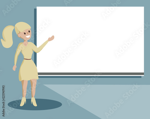 Flat design business Vector Illustration concept Empty template copy space Posters coupons promotional material. Woman Standing Talking Hand Presenting Audio Visual Blank Projector Screen