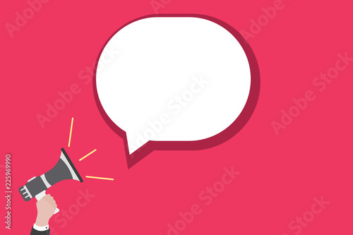 Flat design Vector Illustration Empty esp template copy text for Ad, promotion, poster, flyer, web banner, article. Human Hand Holding Megaphone with Sound icon and Blank Speech Bubble