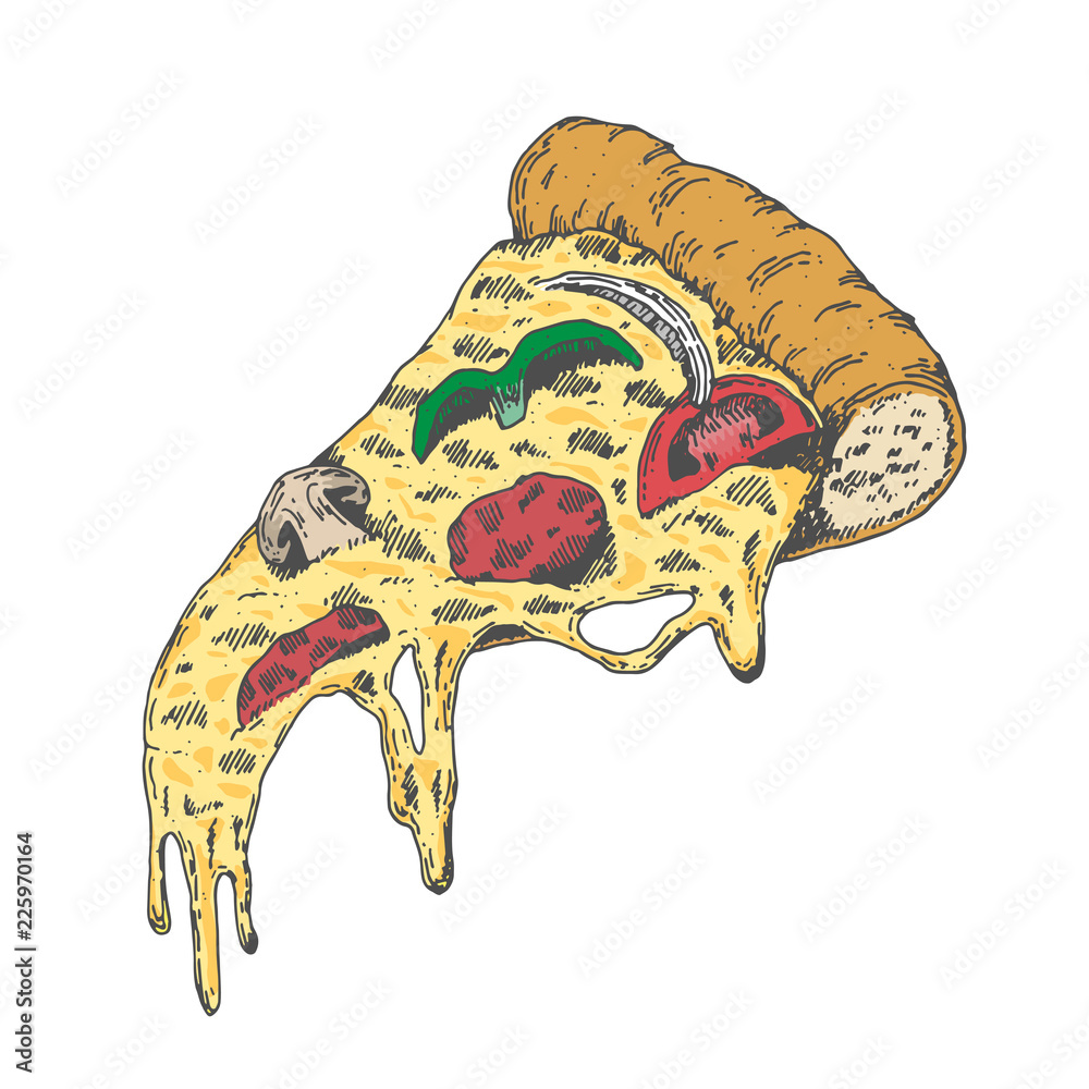A Piece of Yummy Pizza, Vintage Look Hand Draw Style Pizza on ...