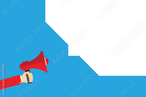 Flat design Vector Illustration Empty esp template copy text for Ad, promotion, poster, flyer, web banner, article. Human Hand Holding Megaphone and Blank Geometric shape Half Speech Bubble