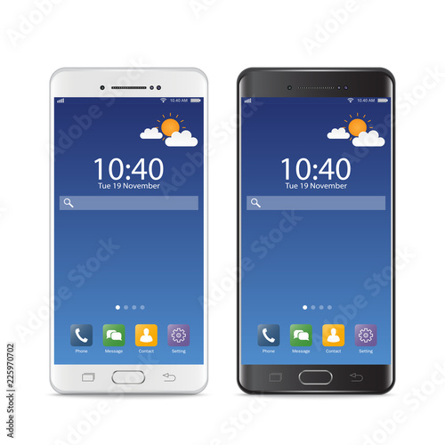 Smartphones black and white. New realistic mobile smartphone modern style. Vector smartphone with ui icons. isolated on white background.