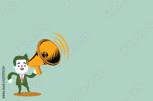 Flat design business Vector Illustration Empty template esp isolated Minimalist graphic layout template for advertising. Man in Suit Earpad Standing Moving Holding a Megaphone with Sound icon