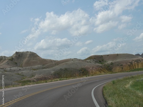 Winding roads and beautiful landscape at Badlands National Park in South Dakota.
