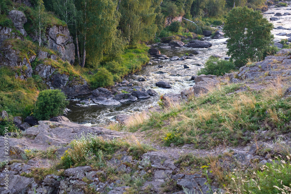 mountain landscapes of the river running along the rocky shores on the banks of growing forest mountain landscapes of the river running along the rocky shores on the banks of growing forest