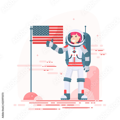 Vector smiling astronaut girl makes a landing on Mars with usa flag and shows hand gesture okay. American spacewoman in helmet and spacesuit, mission on red planet, female cosmonaut in flat style