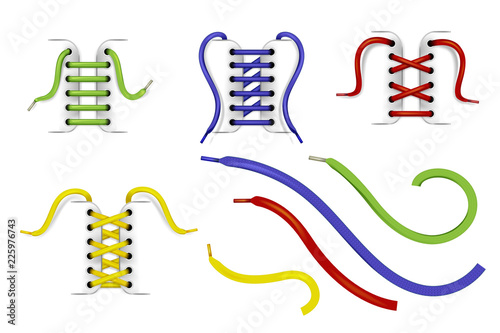 Set of colorful shoelaces untied and laced in holes with various methods or techniques, realistic vector isolated on whiter background. Web design elements with shoestrings