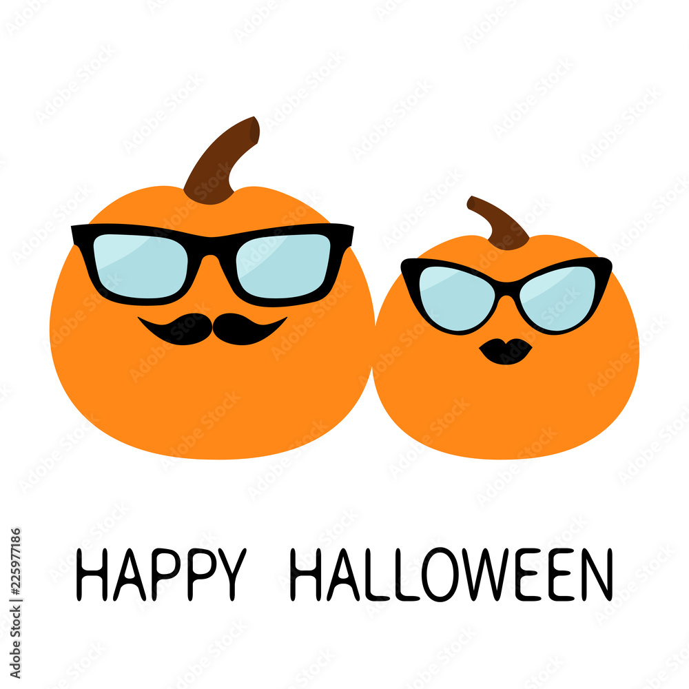 Happy Halloween Pumpkin family love couple. Funny creepy smiling face. Lips and moustaches. Eyeglasses Sunglasses. Cute cartoon baby character. Greeting card. White background. Flat design.