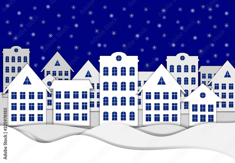 Vector Christmas Background, Snowy Town, Paper Art.