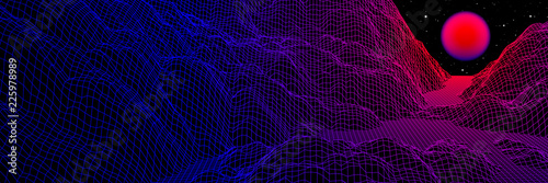 Neon grid landscape and sun with 80s arcade game style