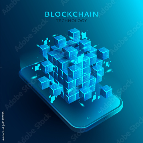 Abstract banner with Blockchain concept. 3d abstract digital blocks or cubes constructs database. Technology banner with realistic blocks on the smart phone. Vector illustration.