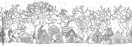 Seamless Halloween background with abandoned cemetery with old crypts and trees outlined for coloring page