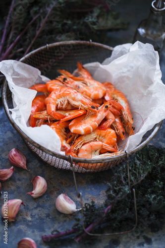 Fresh prawns on metal grey tray