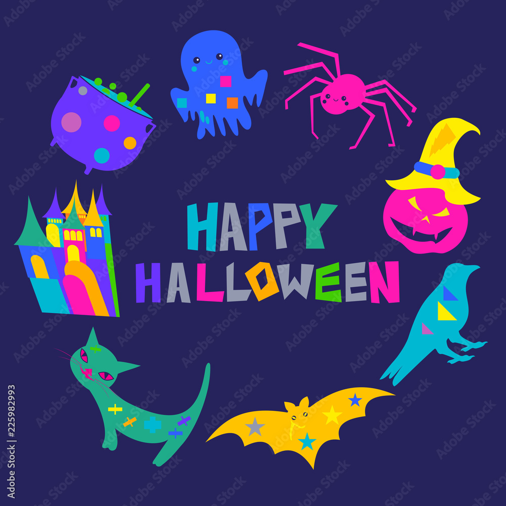 Happy Halloween typography with spooky elements on a blue isolated background