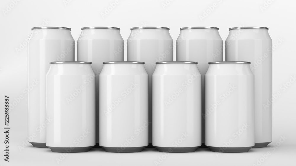White soda cans standing in two raws on white background White soda cans standing in two raws on white background
