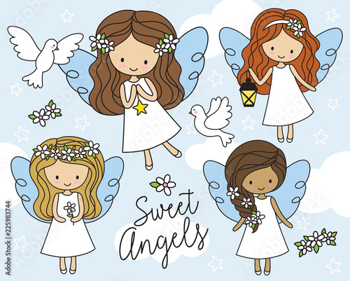Vector illustration of cute little girl angels in white dress with cloud background and white doves.