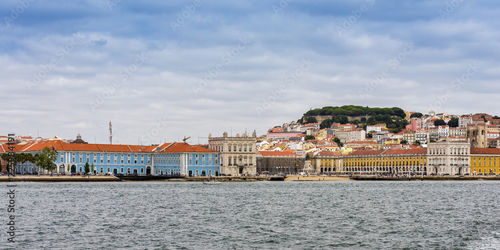 Lisbon city skyline viewed from the River Tagus towards the commerce square