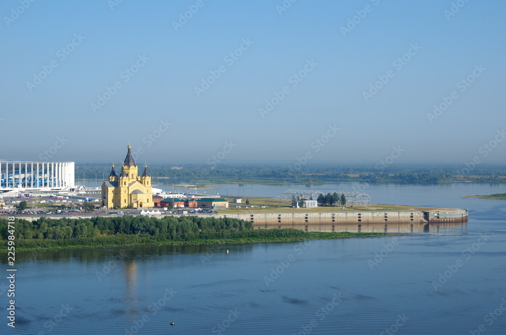 Summer view of the Arrow - the confluence of the Oka and Volga rivers and Alexander Nevsky Cathedral. Nizhny Novgorod, Russia