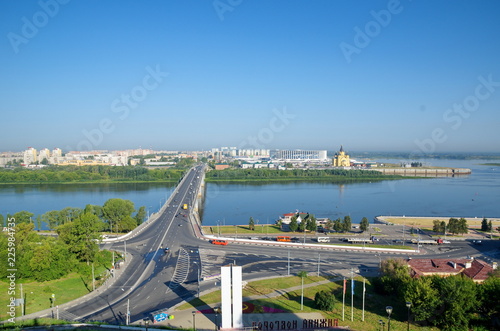 Nizhny Novgorod, Russia - August 19, 2018: Summer view of the Arrow - the confluence of the Oka and Volga rivers and Kanavinsky bridge over the Oka river 