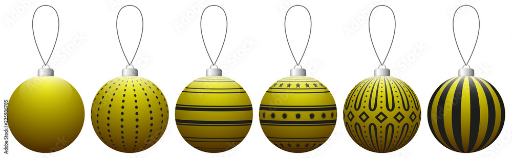 Collection of yellow glass Christmas balls with pattern hanging on a thread. Vector EPS 10 Collection of yellow glass Christmas balls with pattern hanging on a thread. Vector EPS 10