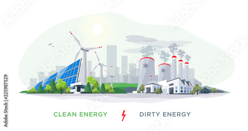 Vector illustration showing clean and dirty electricity generation production. Polluting fossil thermal coal and nuclear power plants versus clean solar panels and wind turbines renewable energy.
