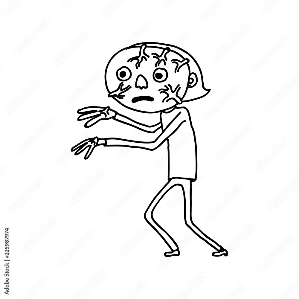 Fototapeta premium Character walking like zombie. Black and white doodle. Swollen veins.