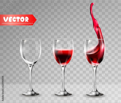 Transparency wine glass. Empty and full. Red wine,splash. 3d realism, vector icon.