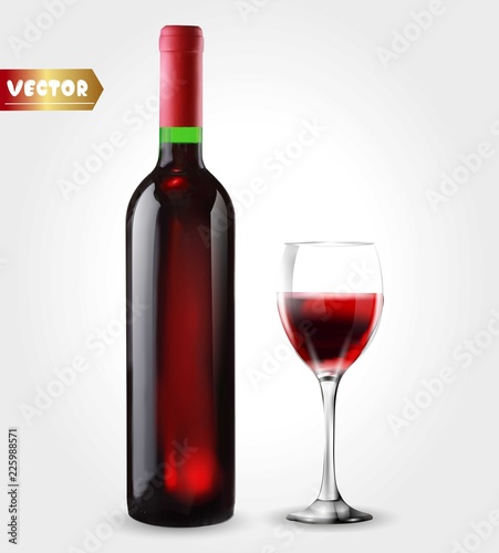 Bottle of wine and wineglass. Red splash. 3d realism, vector icon with transparency.