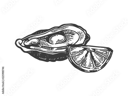 Oyster with lemon sea animal engraving vector illustration. Scratch board style imitation. Black and white hand drawn image. photo