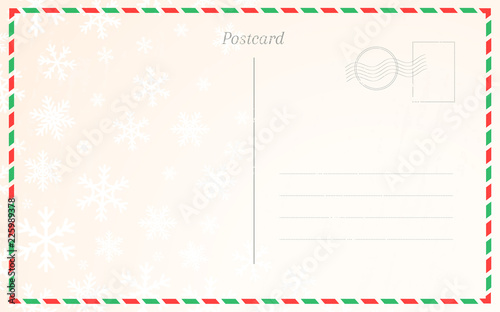 Old postal card template with winter snowflakes. Postcard back design for Christmas and New Year greetings.