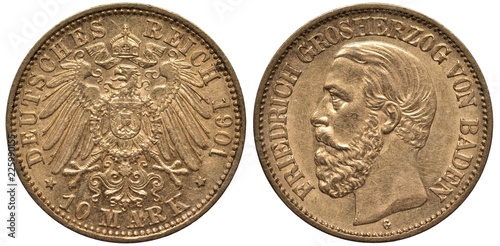 Germany German Baden golden coin 10 ten mark 1901, imperial eagle with shield on chest surrounded by collar of the order, crown with ribbon above, head of Grand Duke Friedrich left, 