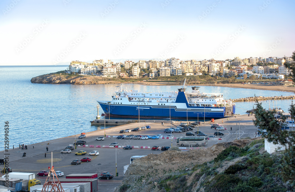 View of port terminal dock and car ferries in Rafina, Attiki, Greece