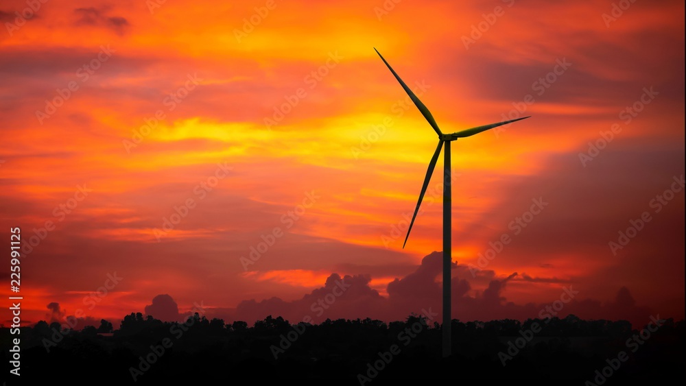 Silhouettes Wind turbine power generators at sunset, Alternative renewable energy production, Large wind turbine for electric Silhouettes Wind turbine power generators at sunset, Alternative renewable energy production, Large wind turbine for electric