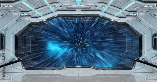 Fototapeta Naklejka Na Ścianę i Meble -  White clean spaceship interior with view on planet Earth 3D rendering