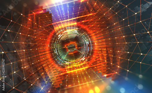 Fototapeta Naklejka Na Ścianę i Meble -  Big Data concept. Flow of digital data in  global network. Quantum computer. Speed portal. Hadron Collider, abstract 3d illustration