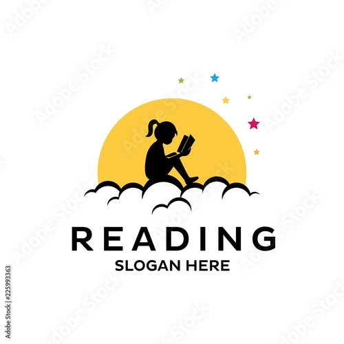 Silhouette of a child sitting in the cloud reading a book with stars and full moon logo template vector