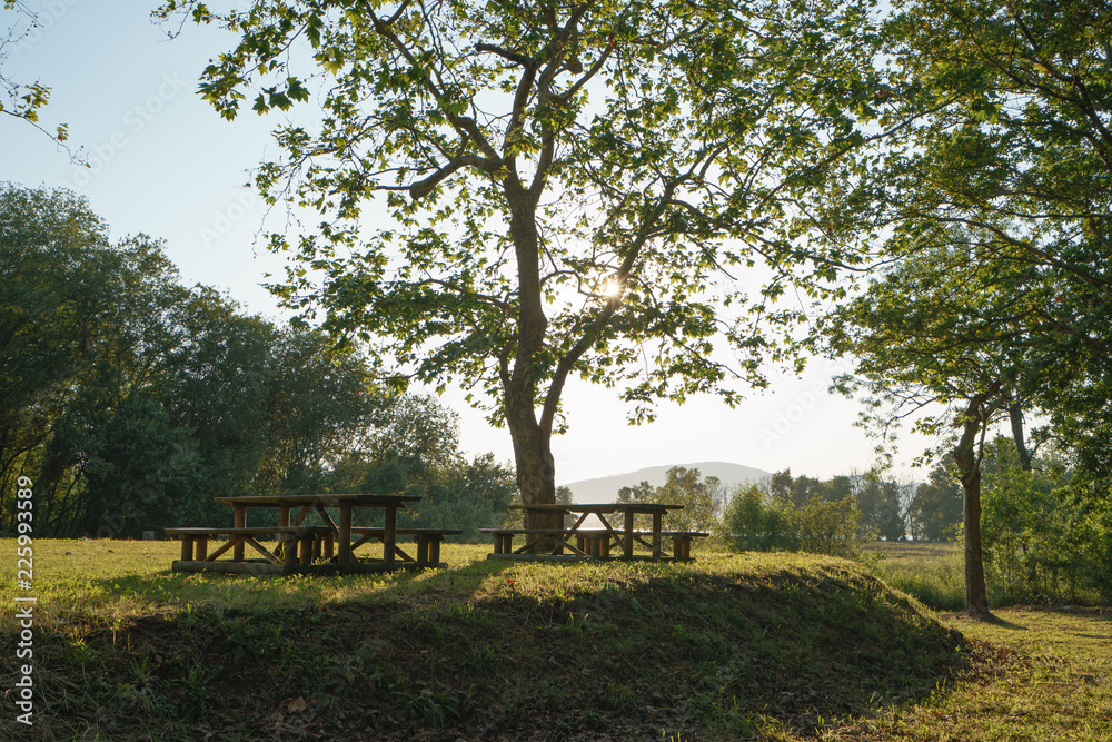 Sunny landscape near the river Minya (Minha), nothern Portugal. Picnic area in the park. Sunny landscape near the river Minya (Minha), nothern Portugal. Picnic area in the park.