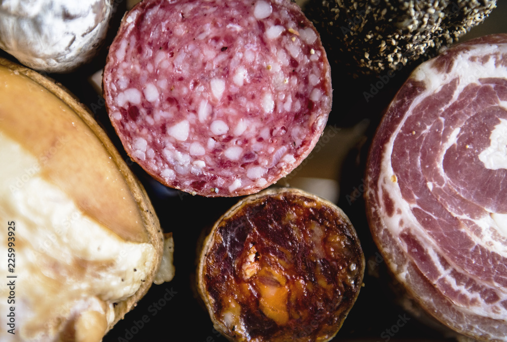 Closeup of charcuterie meat products Closeup of charcuterie meat products