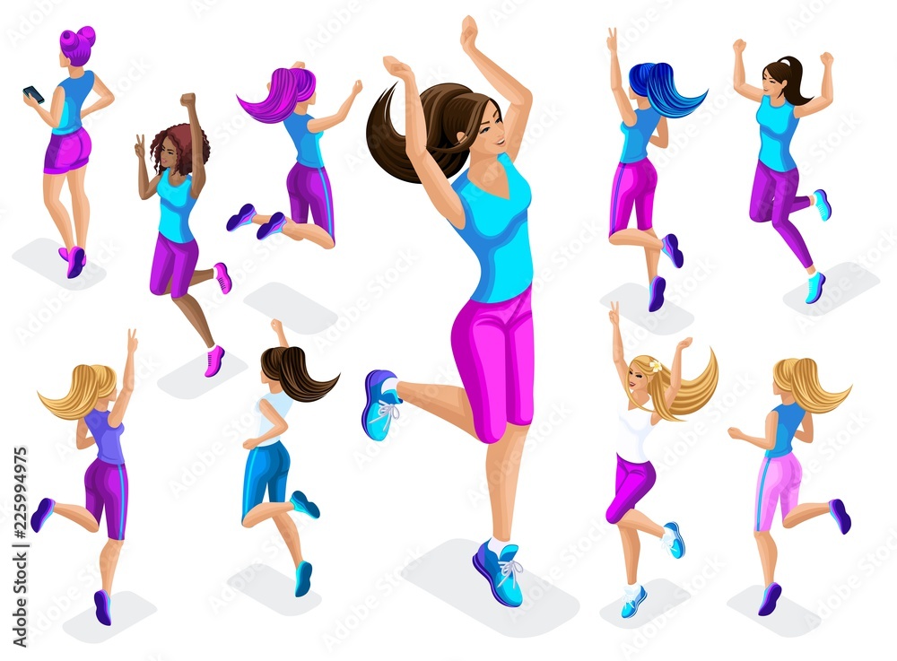 6777015 Isometric of a big girl athlete against a background of small, fitness jumping, running around, front and back view, colorful clothes and sneakers playing5