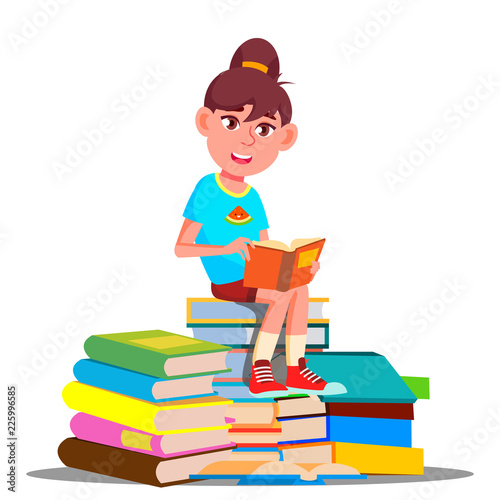 Little Girl Sitting On Top Of A Pile Of Books Vector. Isolated Illustration