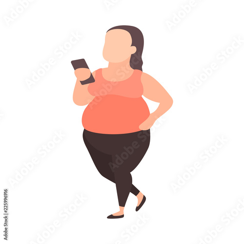 Young plus size girl with smartphone. Teenager fighting overweight. Fat girl in sportswear. Teenage weight problems or body positive concept.