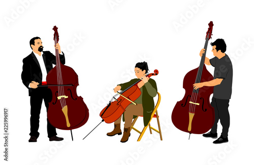 Music trio, woman cellist playing cello with contrabass man duet vector. Classic music event artists play string instrument in orchestra. Jazz street performer. Musicians double bass band on stage. 