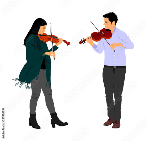 Young man and woman playing violin in duet vector illustration isolated on white. Classic music performer concert. Musician artist amusement public. Virtuoso on violin. Girl plays string instrument.
