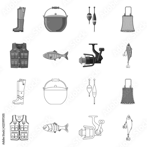 Vector illustration of fish and fishing sign. Set of fish and equipment stock vector illustration.