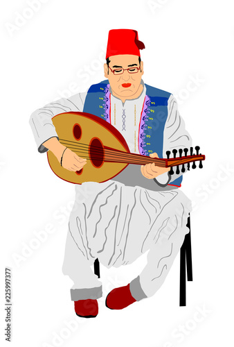 Arab man play oud, lute or mandola vector illustration, traditional music instrument from Asia. Islamic culture. Musician from middle east. Popular street performer, tourist attraction. Oriental event