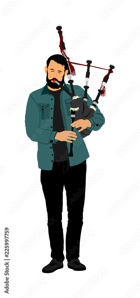 Bagpiper vector on white background. Street perform. Music performer play on traditional instrument. Bagpipe, pipes vector.